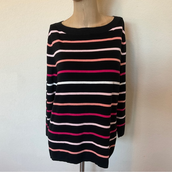Talbots NWOT Striped Boat Neck Cotton Sweater Black Pink Button Back Detail XLP - Picture 16 of 16